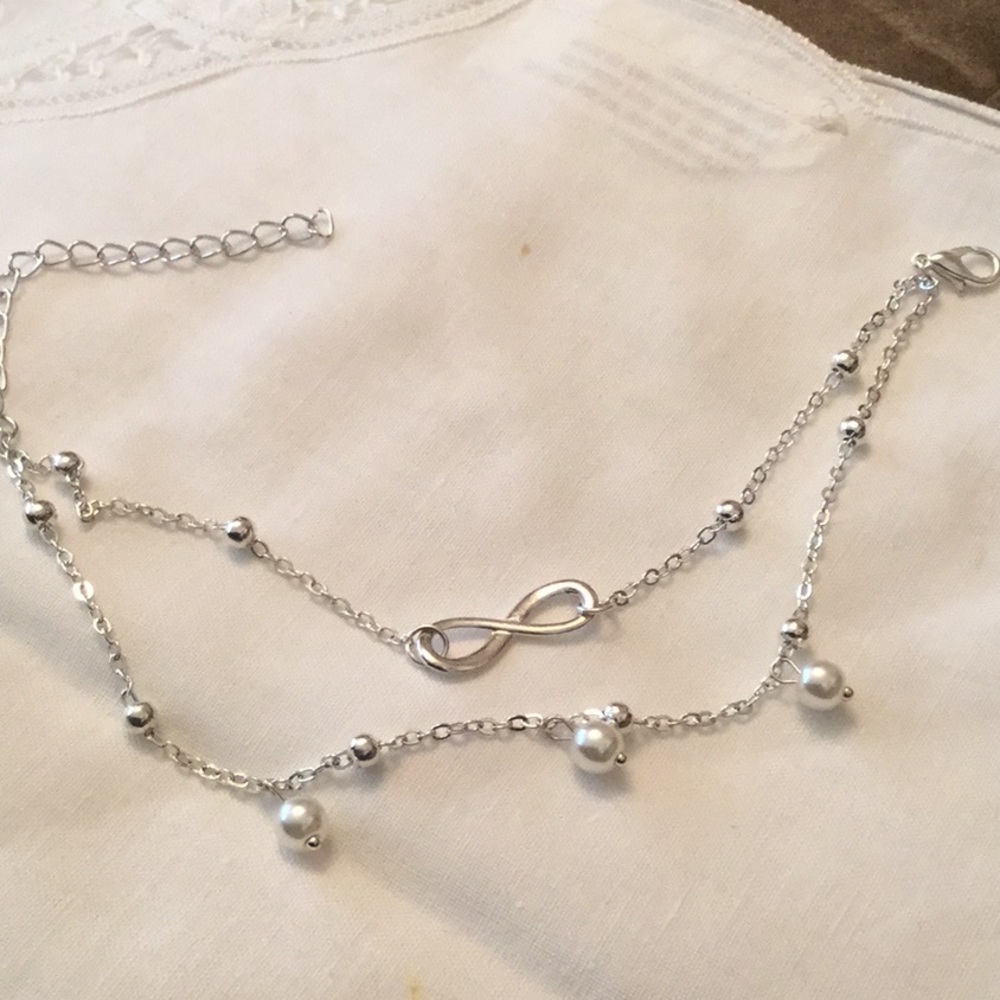 Silver dbl strand bracelet or anklet pearls/infini